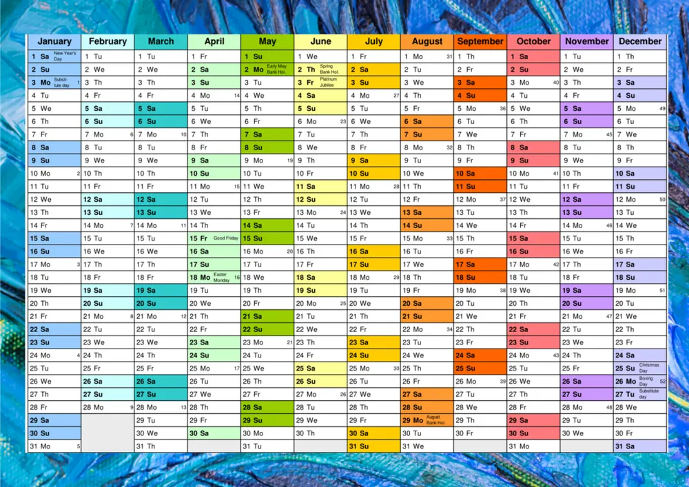 A3 365-day wall planner with colour-coded months on a blue abstract background