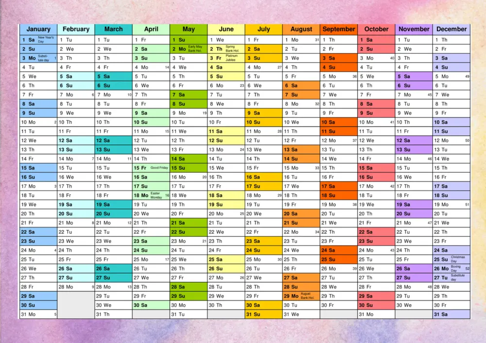 A3 365-day wall planner with pastel colour-coded months