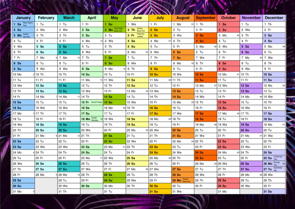A3 annual wall planner with an ultra violet palm leaf border