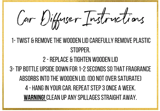 Car diffuser instruction card with four usage steps inside a gold frame