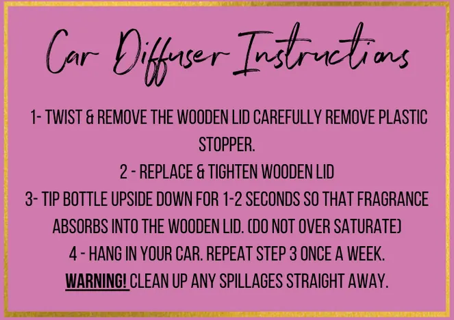 Pink car diffuser instruction card listing four steps and a spillage warning
