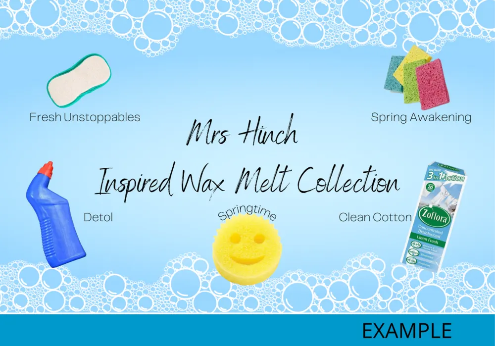 Example label for a cleaning-inspired wax melt collection with product icons and bubbles