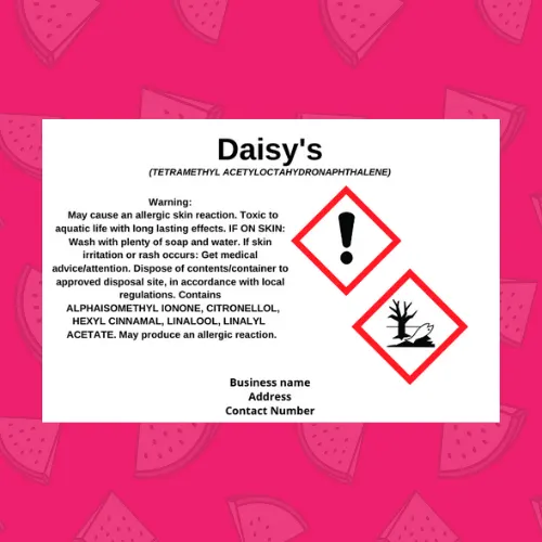 Rectangular CLP label for wax melts with warning text and two pictograms