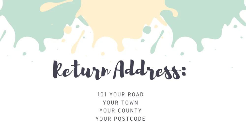 Return address label with pastel paint splatter along the top