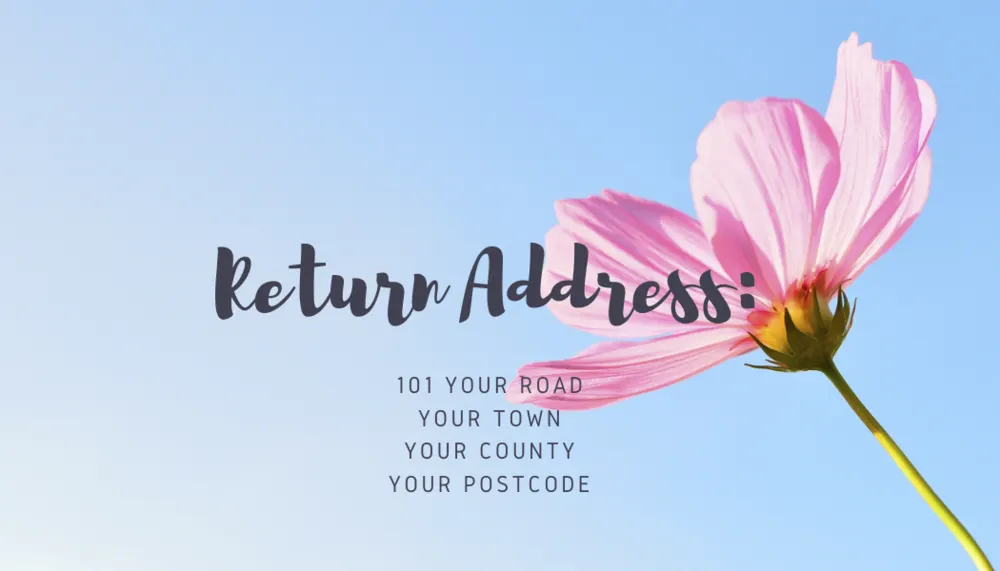 Return address label with a pink cosmos flower against a blue sky