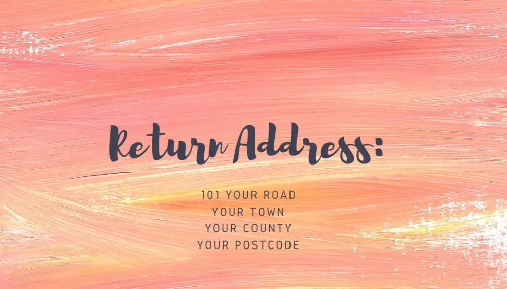 Return address label on a red and orange paint stroke background
