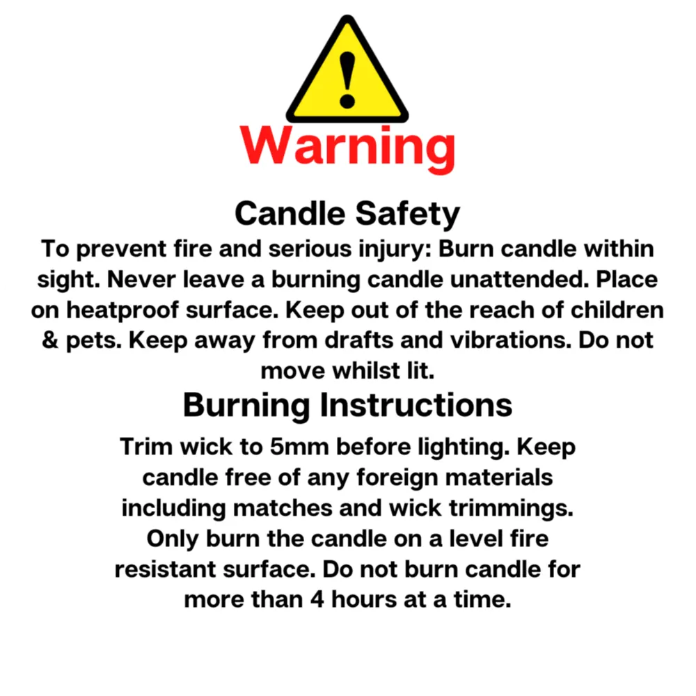 Round candle safety warning sticker with burning instructions