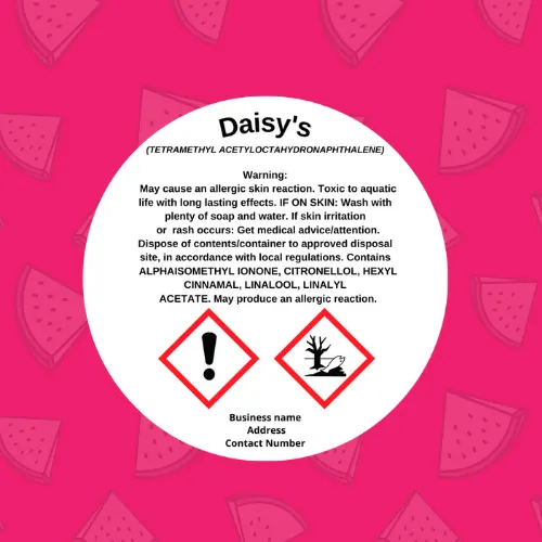 Round CLP label for a wax melt with two hazard pictograms and space for business details