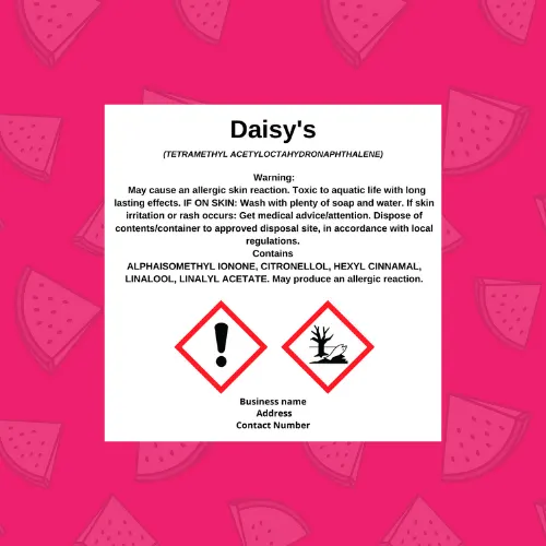 Square CLP label for wax melts with hazard pictograms, allergen list and supplier block