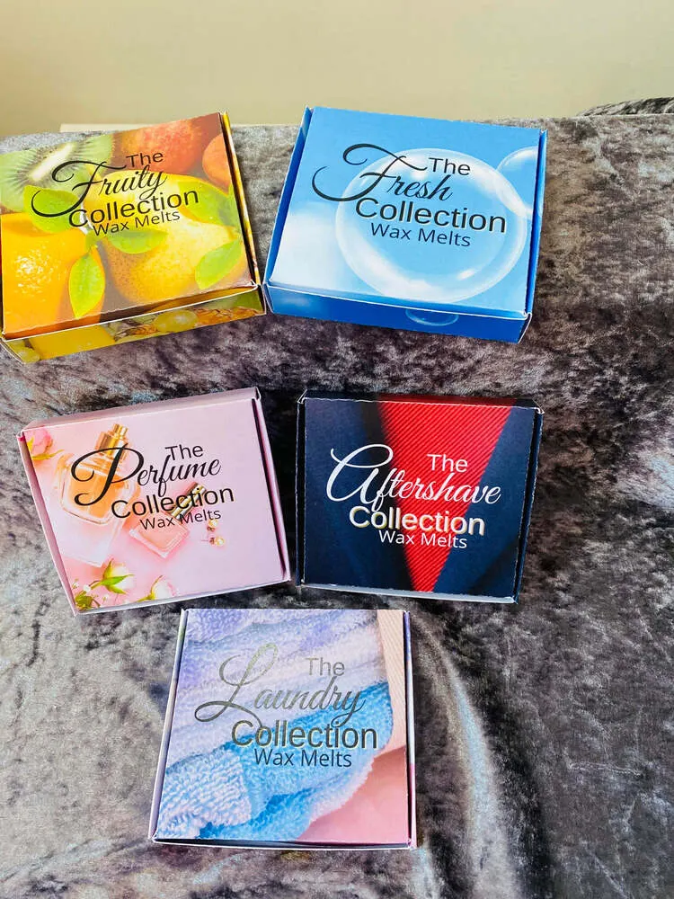 Five themed wax melt collection boxes: fruity, perfume, aftershave, fresh and laundry
