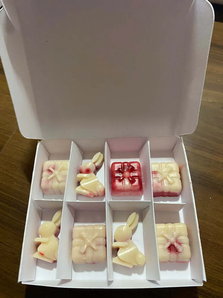 White 8-cell box filled with pink and cream wax melts